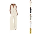 thumbnail image 1 of Women's 2 Piece Cotton Casual Outfits Womens Button Sleeveless Vest Shirt Straight Wide Leg Trousers With Pockets Summer Pants For Women, 1 of 8