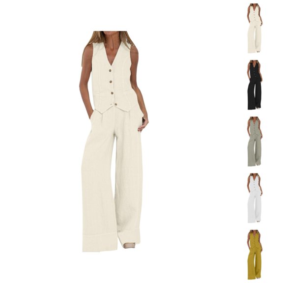 Women's 2 Piece Cotton Casual Outfits Womens Button Sleeveless Vest Shirt Straight Wide Leg Trousers With Pockets Summer Pants For Women