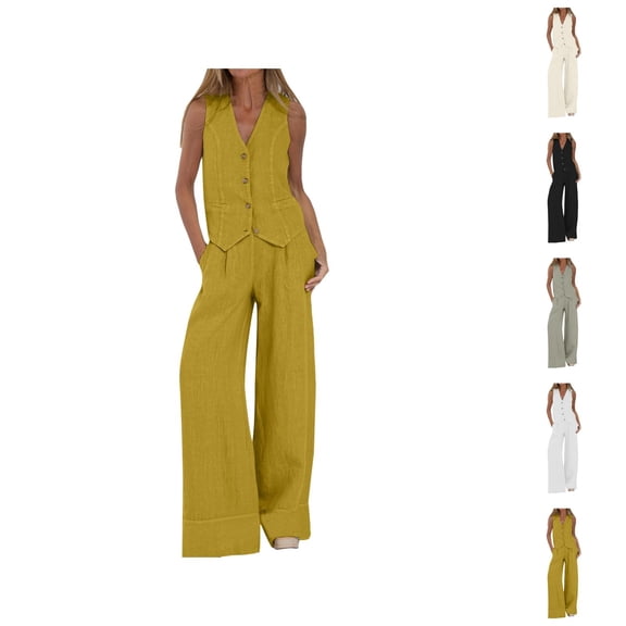 Women's 2 Piece Cotton Casual Outfits Womens Button Sleeveless Vest Shirt Straight Wide Leg Trousers With Pockets Womens Pants Summer