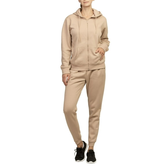 Women's 2-Piece Cotton Fleece Lined Full Zip Hoodie & Jogger Tracksuit Sweatsuits Set, Sand Small