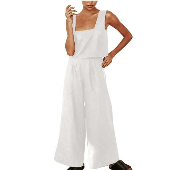 Women's 2 Piece Cotton Linen Outfits Casual Square Neck Sleeveless Tank Tops Wide Leg Pants Lounge Sets Tracksuits