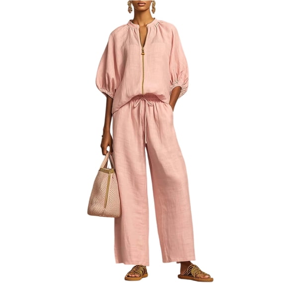 Women’s 2 Piece Cotton Linen Set, Half Sleeve Zipper Top and Wide Leg Pants 2026 Casual ummer Matching Outfit Pink L