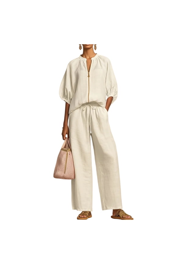 Women’s 2 Piece Cotton Linen Set, Half Sleeve Zipper Top and Wide Leg Pants 2026 Casual ummer Matching Outfit White XL