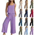thumbnail image 1 of Women's 2 Piece Cotton Linen Set, Sleeveless Square Neck Tank Top and Elastic Waist Wide Leg Pants with Pockets, Matching Lounge Set, Summer Casual and Vacation Outfit-Beige, 1 of 10