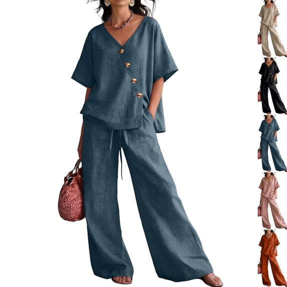 Women's 2 Piece Cotton Linen Set, V-Neck Short Sleeve Button Top & Drawstring Wide Leg Pants, Casual Summer Loungewear Outfit with Pockets, Loose Fit,Blue,XL