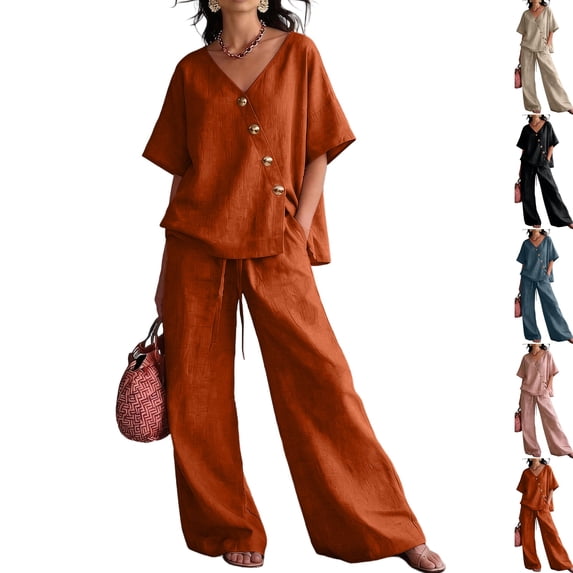 Women's 2 Piece Cotton Linen Set, V-Neck Short Sleeve Button Top & Drawstring Wide Leg Pants, Casual Summer Loungewear Outfit with Pockets, Loose Fit,Saffron,XL