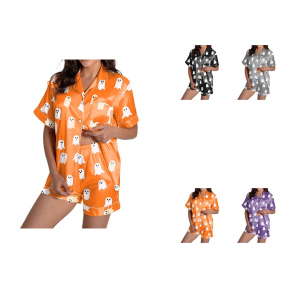 Women's 2-Piece Cotton Long Sleeve Pajama Set, Halloween Stylish Round Neck Top & Pants with Cute Decorative Print, Fall Winter Loungewear Sleepwear for Casual Wear