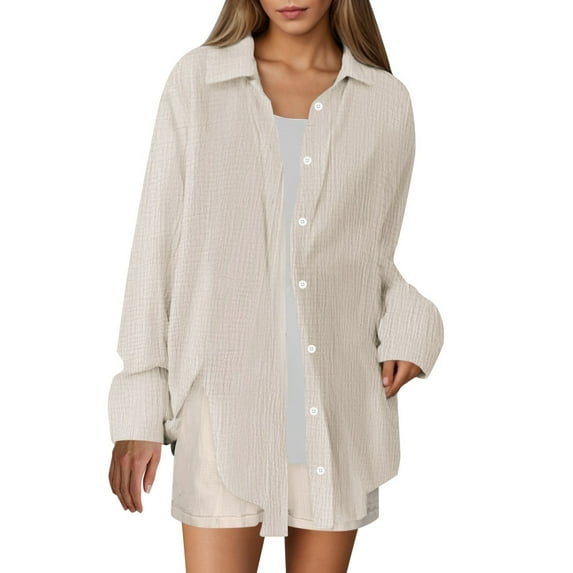 Women's 2 Piece Cotton Outfits, Loose Casual Long Sleeve Button Shirt and Shorts Tracksuit Beach Vacation Sets Womens Casual 2 Piece Outfits Cotton Linen Sets Beige L