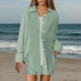 thumbnail image 1 of Women's 2 Piece Cotton Outfits, Loose Casual Long Sleeve Button Shirt and Shorts Tracksuit Beach Vacation Sets 2 Piece Outfits for Women Green XL, 1 of 7