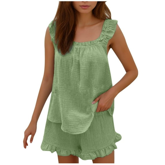 Women's 2 Piece Cotton Outfits Summer Ruffle Trim Tank Tops and Shorts Loungewear Set Casual Loose Comfy Cute Sets