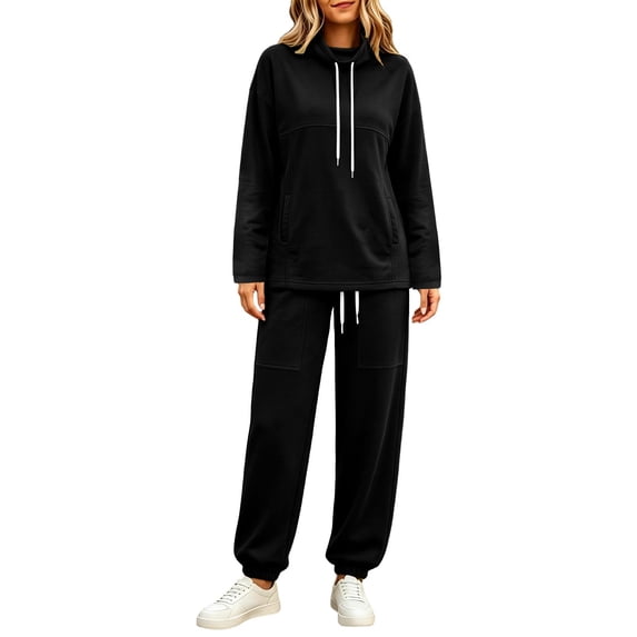 Women's 2-Piece Cowl Neck Tracksuit Hoodie and Jogger Pants Set with Drawstring and Pockets Casual Lounge Wear