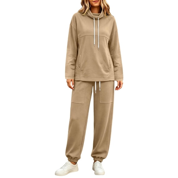 Women's 2-Piece Cowl Neck Tracksuit Hoodie and Jogger Pants Set with Drawstring and Pockets Casual Lounge Wear