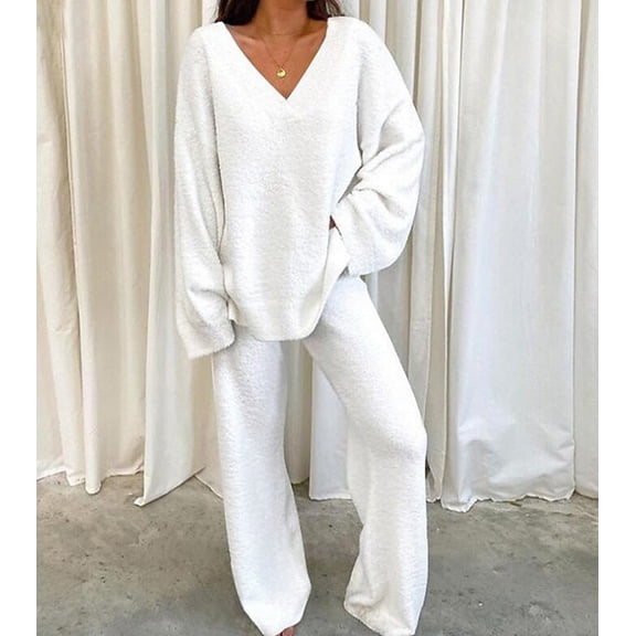 Women's 2 Piece Cozy Pajama Set Long Sleeve V-Neck Top with Batwing Sleeves and Wide Leg Pants Winter Loungewear