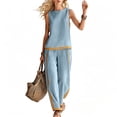 thumbnail image 1 of Women's 2 Piece Crew Neck Lounge Sets Summer Solid Color Patchwork V-Neck Top with Pockets Casual Long Pants Set, 1 of 9