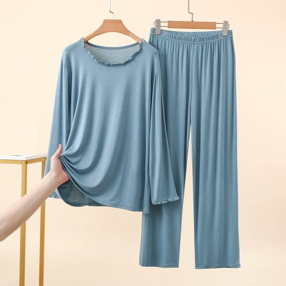 Women's 2-Piece Crew Neck Short Sleeve Top+Wide-Leg Long Pants Loose Pajama Set
