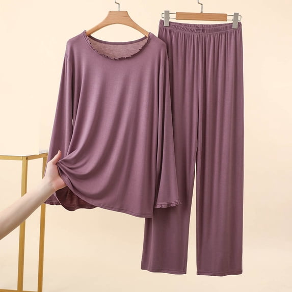 Women's 2-Piece Crew Neck Short Sleeve Top+Wide-Leg Long Pants Loose Pajama Set