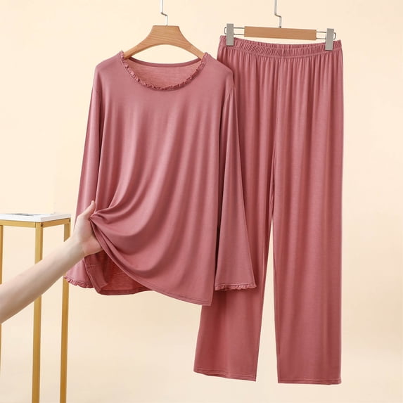 Women's 2-Piece Crew Neck Short Sleeve Top+Wide-Leg Long Pants Loose Pajama Set