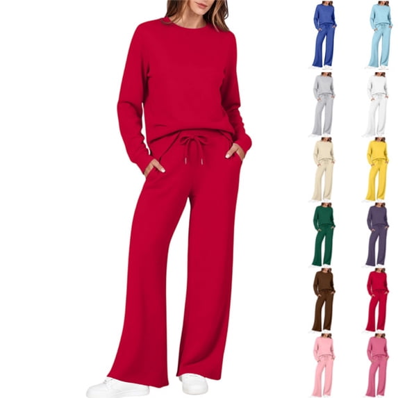 Women's 2 Piece Crewneck Lounge Set Matching Sweatsuits,Fall Lounge Sets for Women , Airport Travel Outfits, Comfy Athleisure Fall Winter Clothes ,Wide Leg Palazzo Pants Red,L