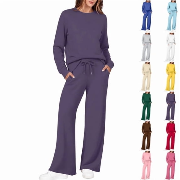 Women's 2 Piece Crewneck Lounge Set Matching Sweatsuits,Fall Lounge Sets for Women , Airport Travel Outfits, Comfy Athleisure Fall Winter Clothes ,Wide Leg Palazzo Pants Purple,M