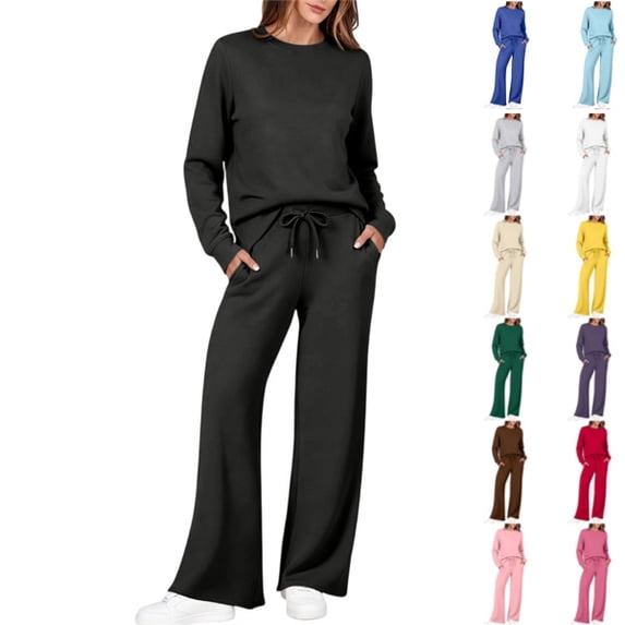 Women's 2 Piece Crewneck Lounge Set Matching Sweatsuits,Fall Lounge Sets for Women , Airport Travel Outfits, Comfy Athleisure Fall Winter Clothes ,Wide Leg Palazzo Pants Black,2XL