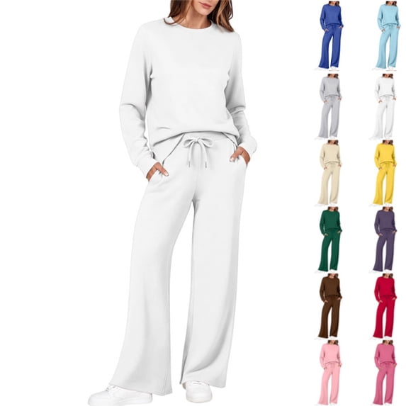 Women's 2 Piece Crewneck Lounge Set Matching Sweatsuits,Fall Lounge Sets for Women , Airport Travel Outfits, Comfy Athleisure Fall Winter Clothes ,Wide Leg Palazzo Pants White,L