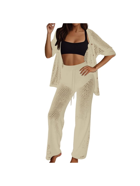 Women's 2 Piece Crochet Hollow Out Swimsuit Set - Button-Up Tops & Wide Leg Pants, Lapel Collar, V Neck, Lightweight/Breathable, for Beach/Vacation/Pool Parties