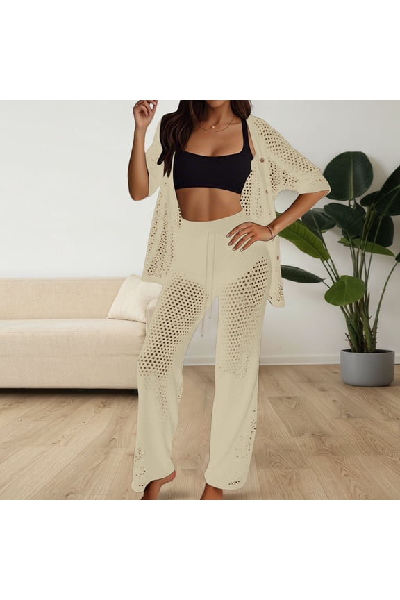 Women's 2 Piece Crochet Outfits Hollow Out Swimsuit Button Up Tops Wide Leg Pants Beach Sets Womens Beach Cover Ups Button down Cover up Women Short Sleeve Cover up for Women Swimsuit Cover up Shirt