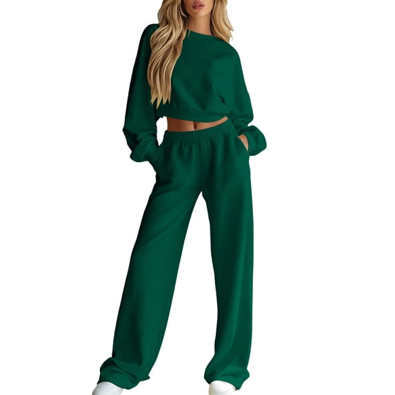 Women's 2-Piece Cropped Sweatshirt and Wide Leg Pants Set Casual Lounge Tracksuit for Fall Winter Daily Wear