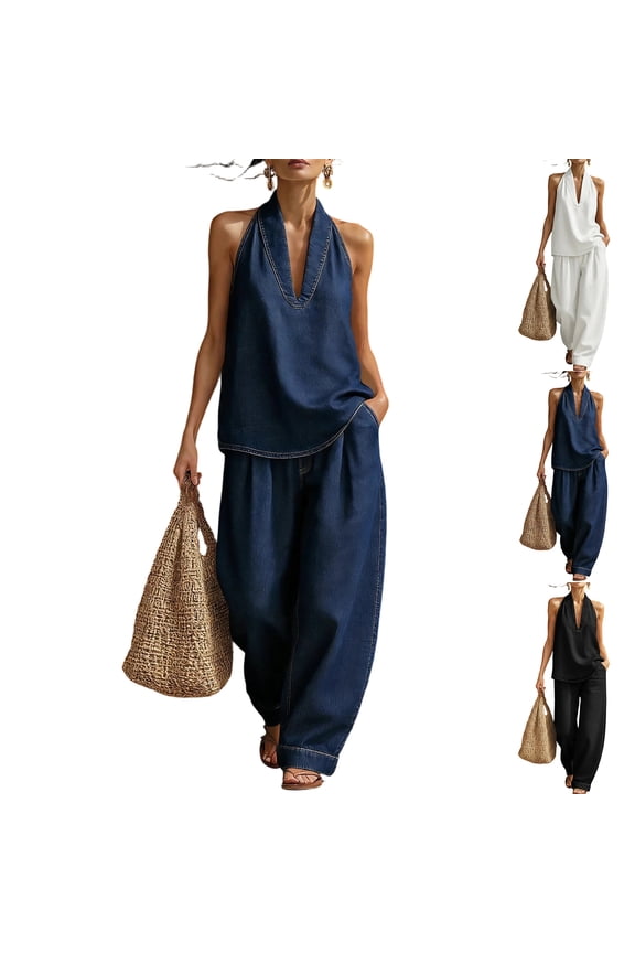 Women's 2 Piece Denim Outfits, Minimalist Halter Neck Top and High Waisted Wide Leg Pants Travel Matching Set White L