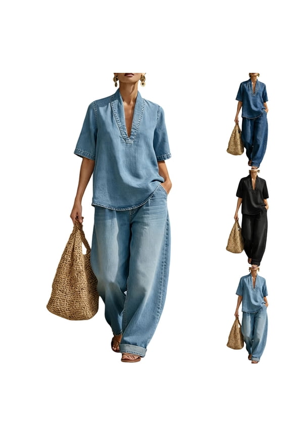 Women's 2 Piece Denim Outfits V Neck Short Sleeve Top & Wide Leg Pants Casual Summer Daily Set By Yigetop Light Blue XL