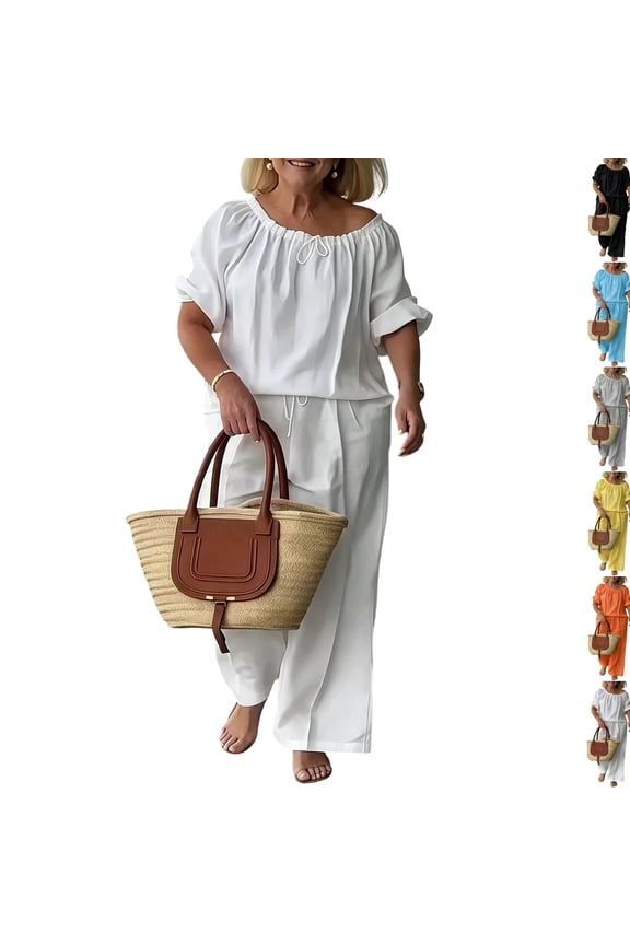 Women's 2 Piece Drawstring Crew Neck Short Sleeve Top and Wide Leg Pants Set Casual Loose Fit Solid Outfits Summer White M