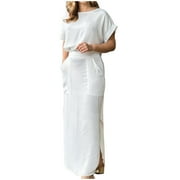 Women's 2 Piece Dress Short Sleeve Crop Tops Split Summer Casual Maxi Skirt Set Vacation Outfits with Pockets