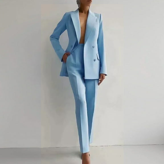 Women's 2 Piece Elegant Suits Business Casual Outfits Long Sleeve Blazer with Pants Dressy Pantsuits Office Work Sets Sky Blue S
