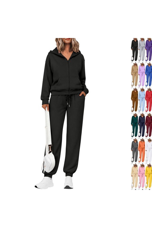 Women's 2 Piece Fall Active Sets Loose Fit Zip Front Hooded Track Top Drawstring Jogging Pants Athletic Daily Outfits Black S