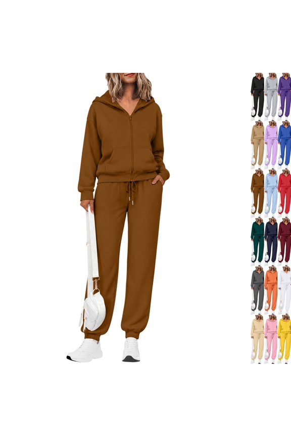 Women's 2 Piece Fall Active Sets Loose Fit Zip Front Hooded Track Top Drawstring Jogging Pants Athletic Daily Outfits Coffee S