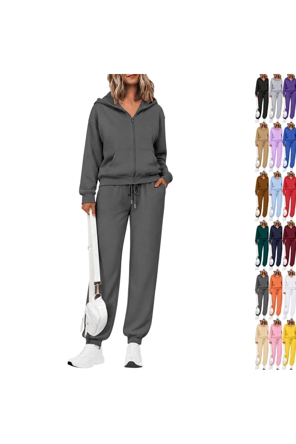 Women's 2 Piece Fall Active Sets Loose Fit Zip Front Hooded Track Top Drawstring Jogging Pants Athletic Daily Outfits Dark Gray M