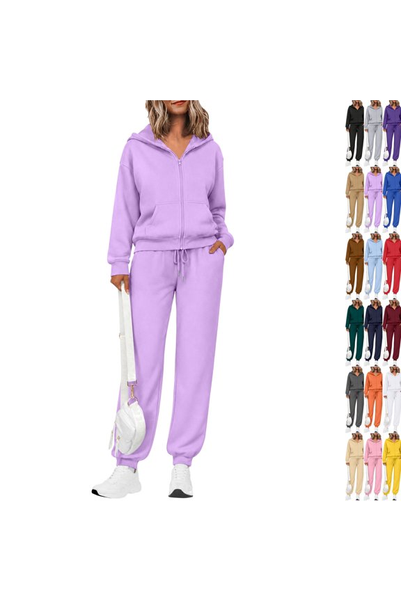 Women's 2 Piece Fall Active Sets Loose Fit Zip Front Hooded Track Top Drawstring Jogging Pants Athletic Daily Outfits Light Purple M