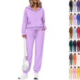 thumbnail image 1 of Women's 2 Piece Fall Active Sets Loose Fit Zip Front Hooded Track Top Drawstring Jogging Pants Athletic Daily Outfits Light Purple S, 1 of 6