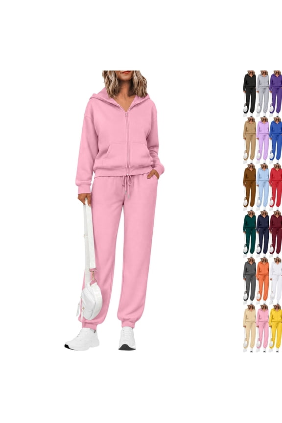 Women's 2 Piece Fall Active Sets Loose Fit Zip Front Hooded Track Top Drawstring Jogging Pants Athletic Daily Outfits Pink M
