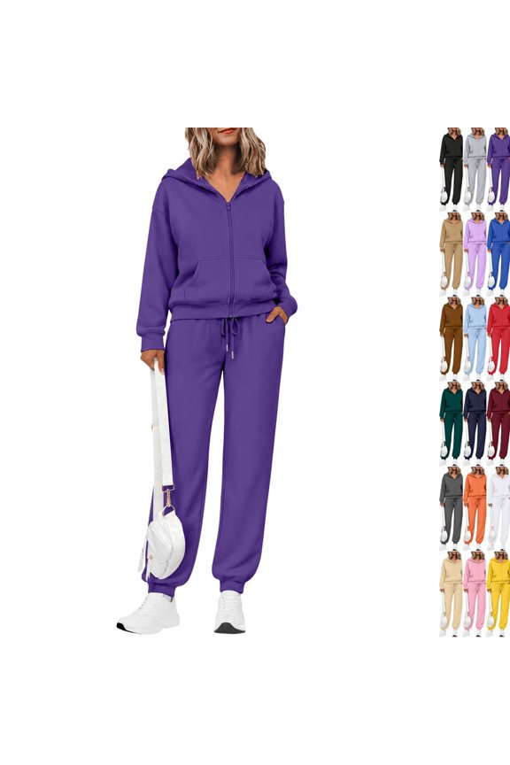 Women's 2 Piece Fall Active Sets Loose Fit Zip Front Hooded Track Top Drawstring Jogging Pants Athletic Daily Outfits Purple S