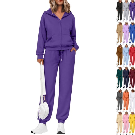 Women's 2 Piece Fall Active Sets Loose Fit Zip Front Hooded Track Top Drawstring Jogging Pants Athletic Daily Outfits Purple XXL