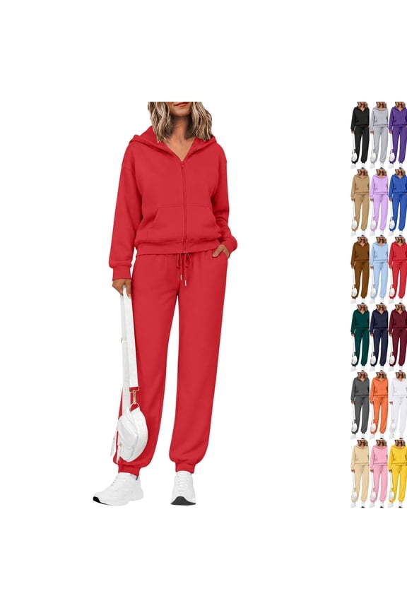 Women's 2 Piece Fall Active Sets Loose Fit Zip Front Hooded Track Top Drawstring Jogging Pants Athletic Daily Outfits Red XXL