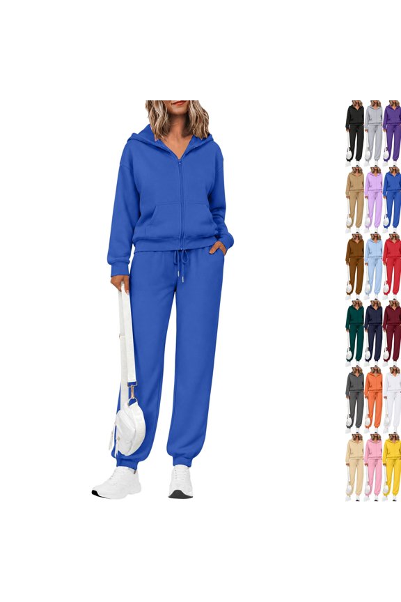 Women's 2 Piece Fall Active Sets Loose Fit Zip Front Hooded Track Top Drawstring Jogging Pants Athletic Daily Outfits Royal Blue M