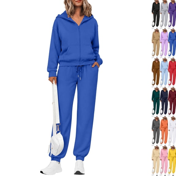 Women's 2 Piece Fall Active Sets Loose Fit Zip Front Hooded Track Top Drawstring Jogging Pants Athletic Daily Outfits Royal Blue XXL