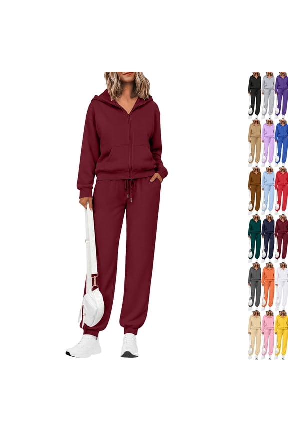 Women's 2 Piece Fall Active Sets Loose Fit Zip Front Hooded Track Top Drawstring Jogging Pants Athletic Daily Outfits Wine S