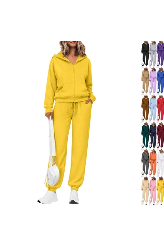 Women's 2 Piece Fall Active Sets Loose Fit Zip Front Hooded Track Top Drawstring Jogging Pants Athletic Daily Outfits Yellow M
