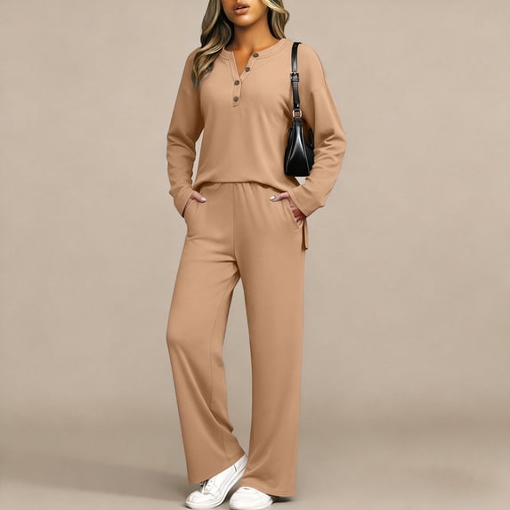 Women’s 2 Piece Fall Travel Lounge Matching Set, Long Sleeve Button Henley Top and Wide Leg Pants, Casual Comfy Airport Vacation Sweatsuit Outfit 3XL