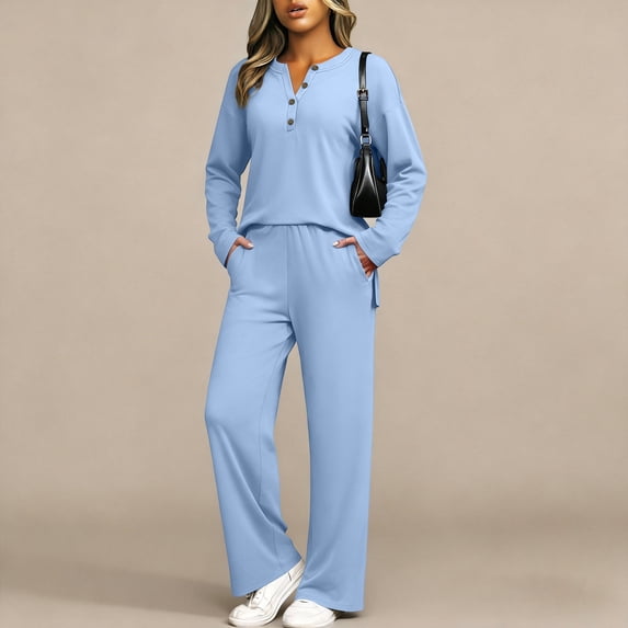 Women’s 2 Piece Fall Travel Lounge Matching Set, Long Sleeve Button Henley Top and Wide Leg Pants, Casual Comfy Airport Vacation Sweatsuit Outfit S