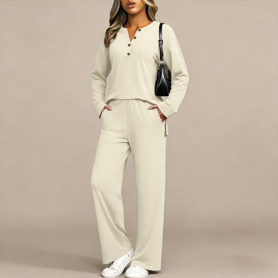 Women’s 2 Piece Fall Travel Lounge Matching Set, Long Sleeve Button Henley Top and Wide Leg Pants, Casual Comfy Airport Vacation Sweatsuit Outfit S