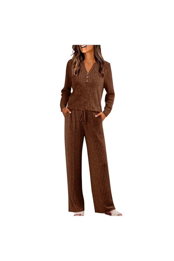 Women's 2 Piece Fall Winter Knit Sets Henley Button Ribbed Knit Tops Drawstring Elastic Waist Wide Leg Pants with Pockets Fall Winter Casual Outfits